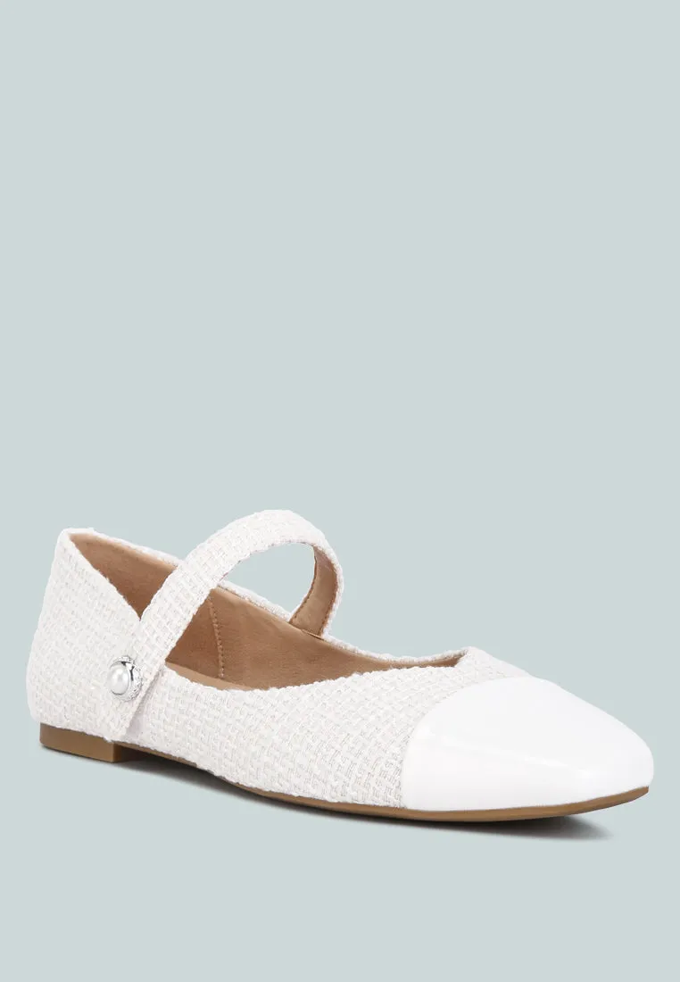 Albi Patent Toe Cap Tweed Mary Janes In White