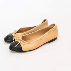 Chanel Classic Nude and Black Cap Toe Ballerina Flats  37.5