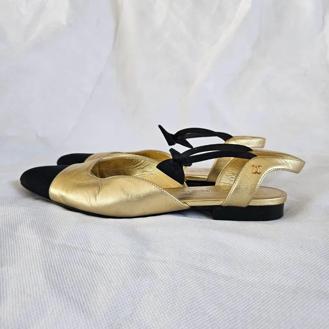 Chanel gold leather almond toe flat, 39C