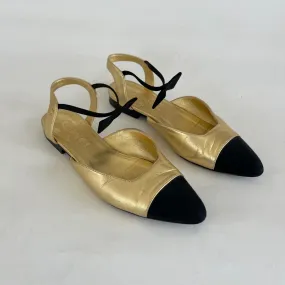 Chanel Gold Leather Flats with Bow Detail