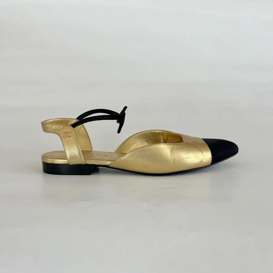 Chanel Gold Leather Flats with Bow Detail