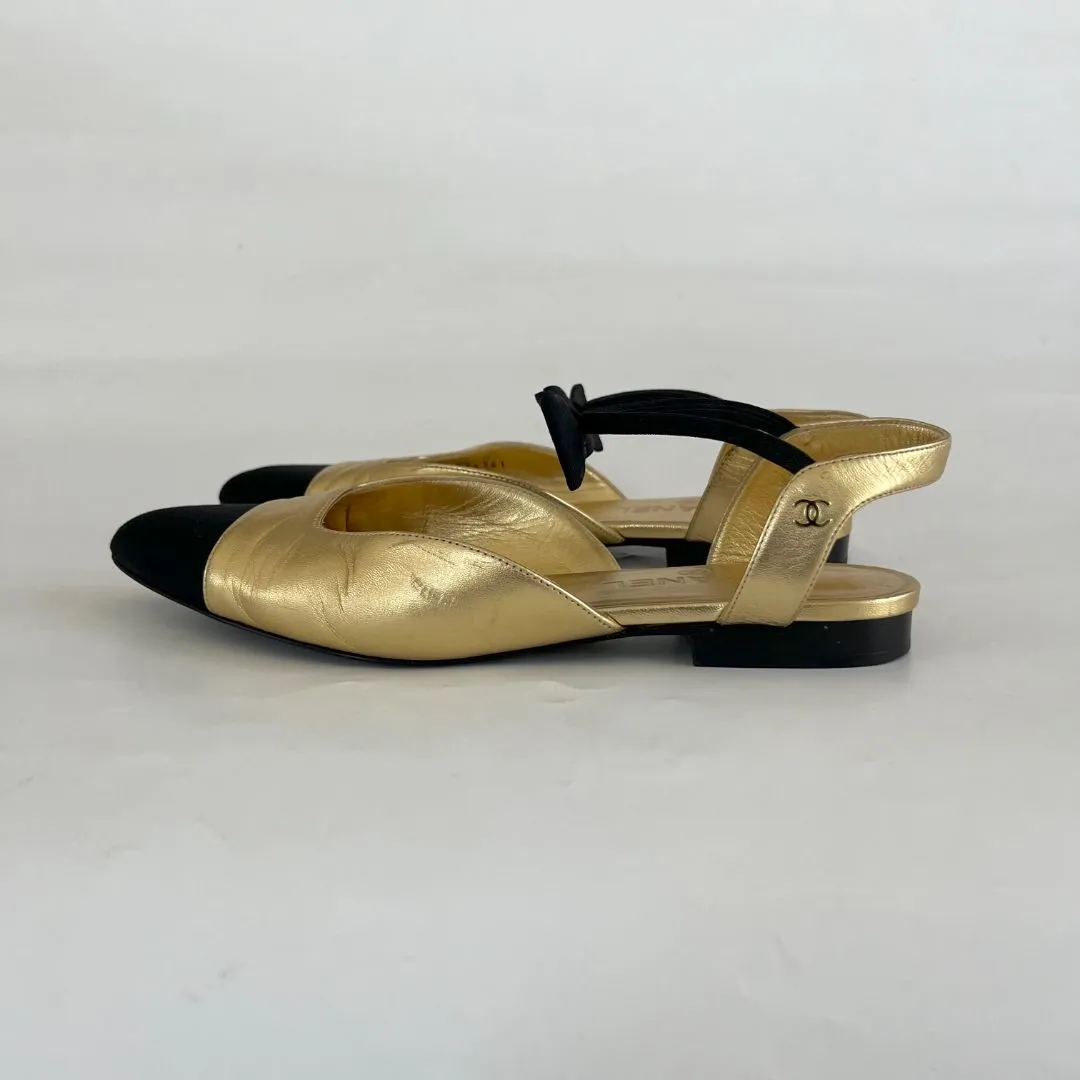 Chanel Gold Leather Flats with Bow Detail