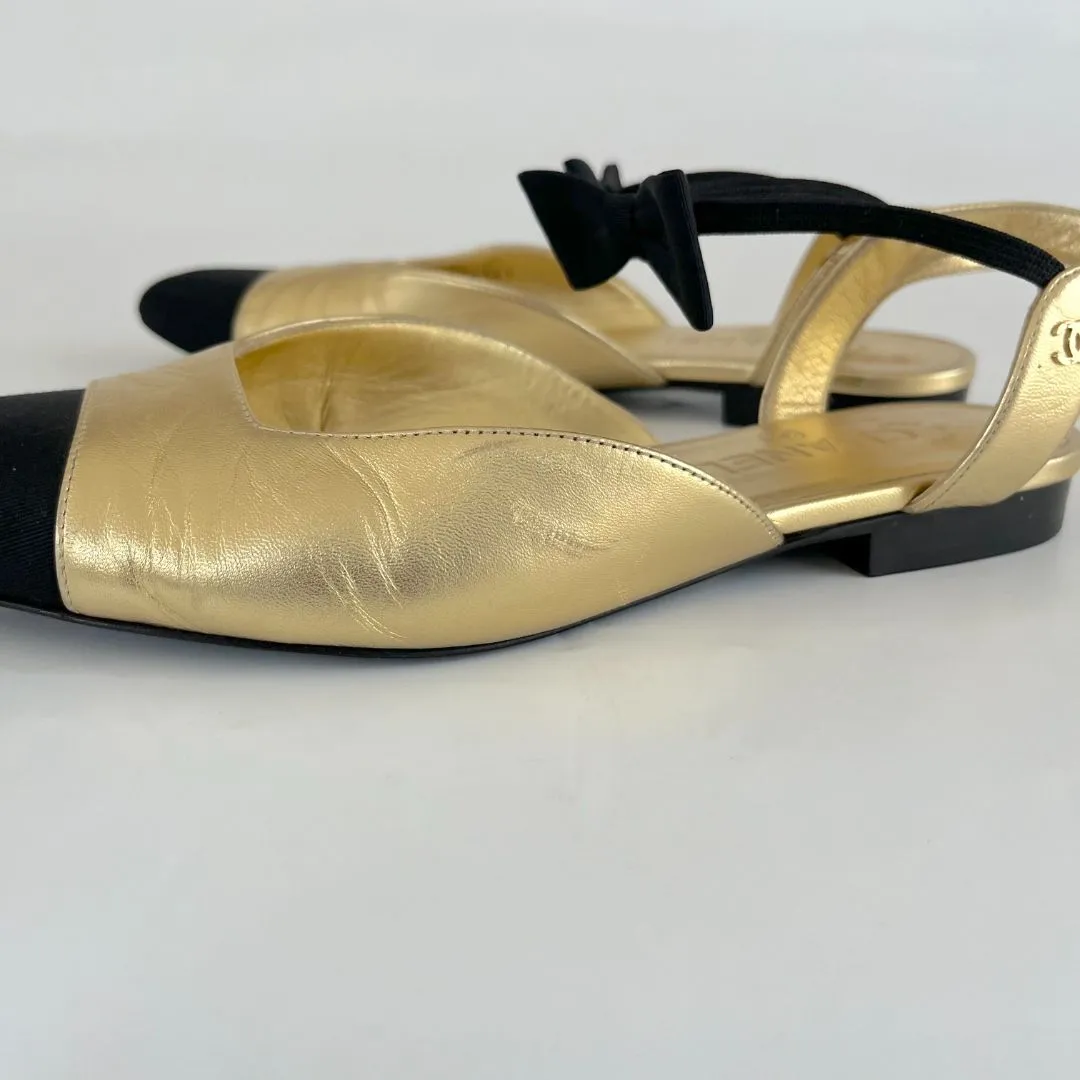 Chanel Gold Leather Flats with Bow Detail