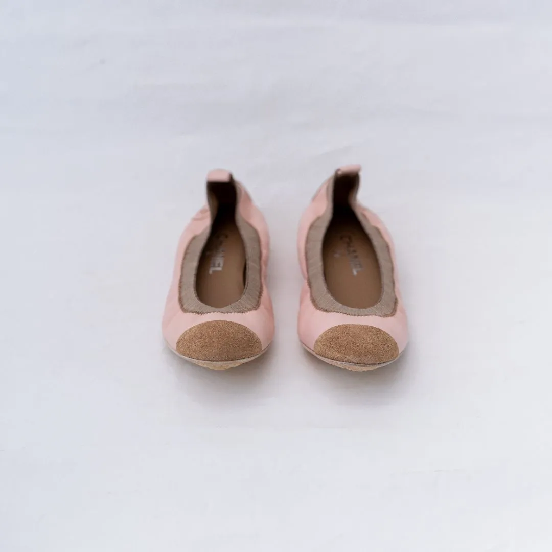 Chanel Pink Leather Suede Scrunch CC Cap Toe Ballet Flats, 38