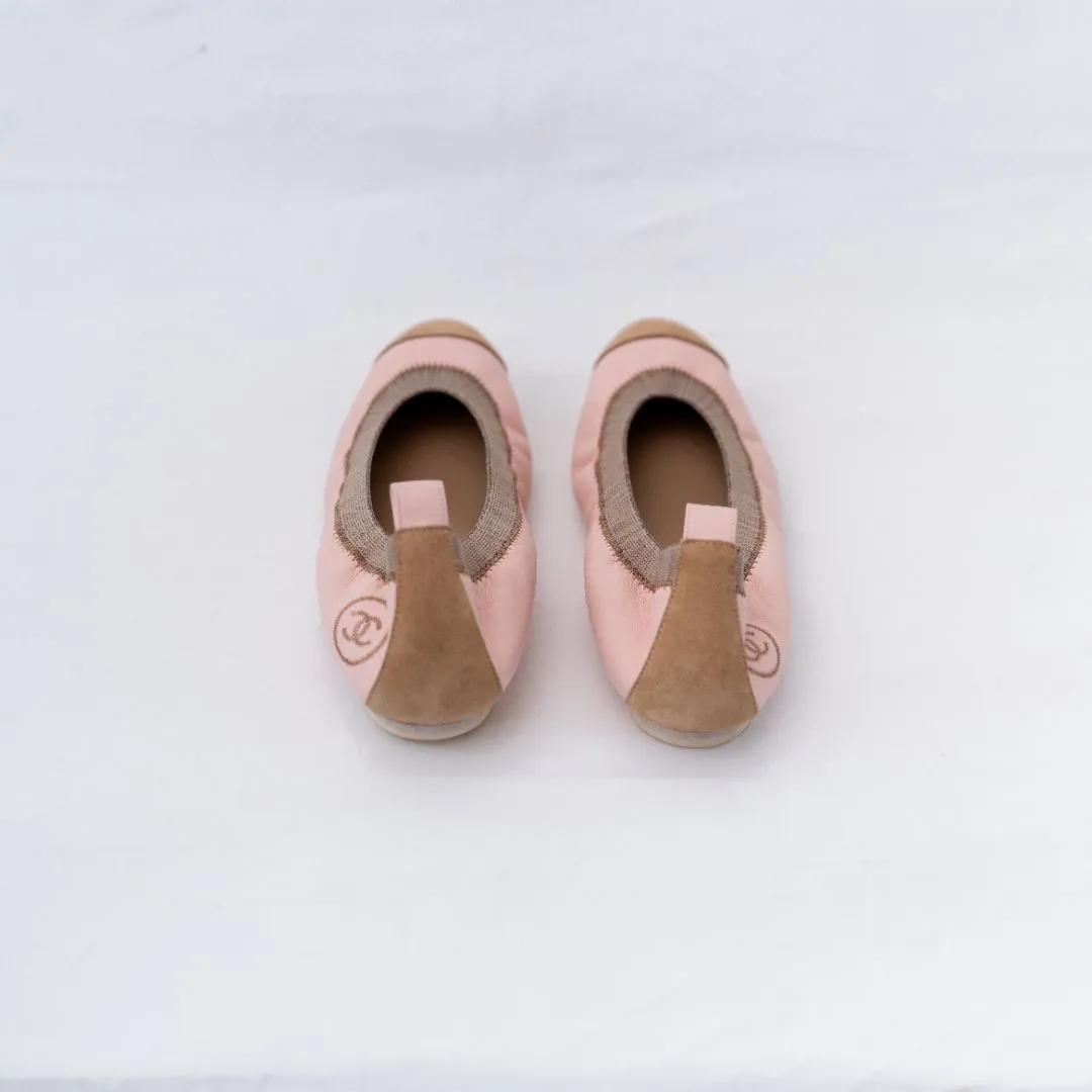 Chanel Pink Leather Suede Scrunch CC Cap Toe Ballet Flats, 38