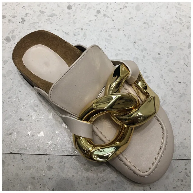 Chunky Gold Chain Flat Heel Round Toe Slip On Sandals