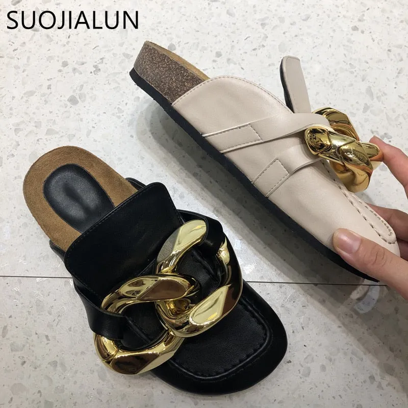 Chunky Gold Chain Flat Heel Round Toe Slip On Sandals