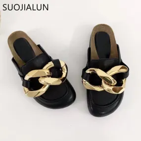 Chunky Gold Chain Flat Heel Round Toe Slip On Sandals