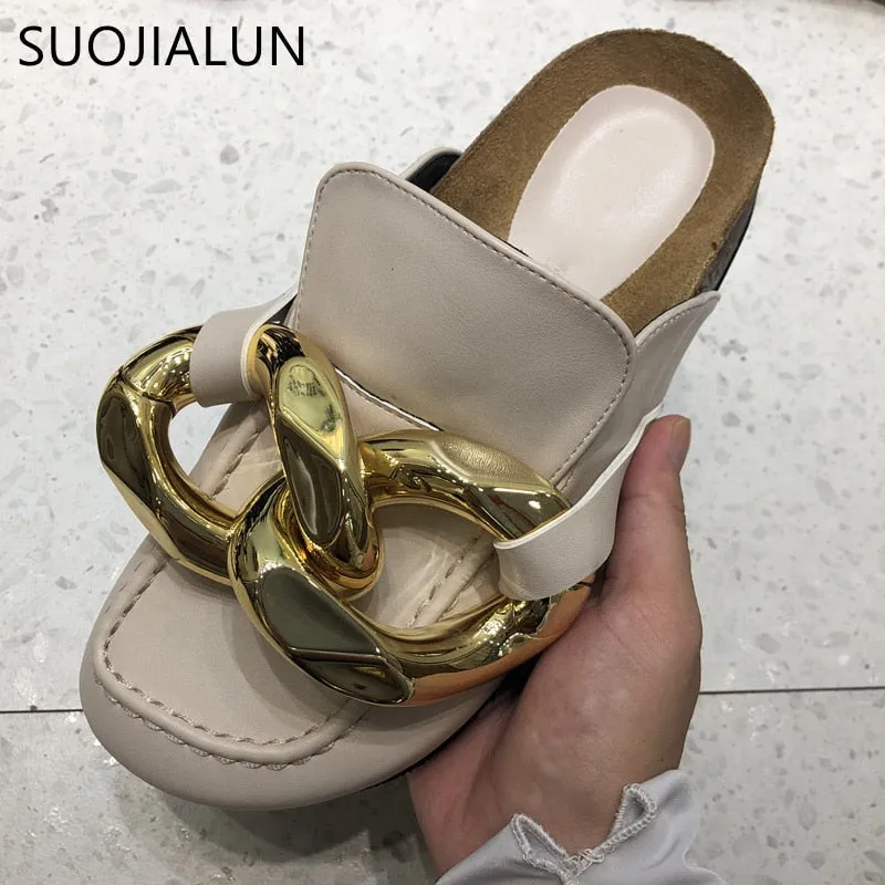 Chunky Gold Chain Flat Heel Round Toe Slip On Sandals