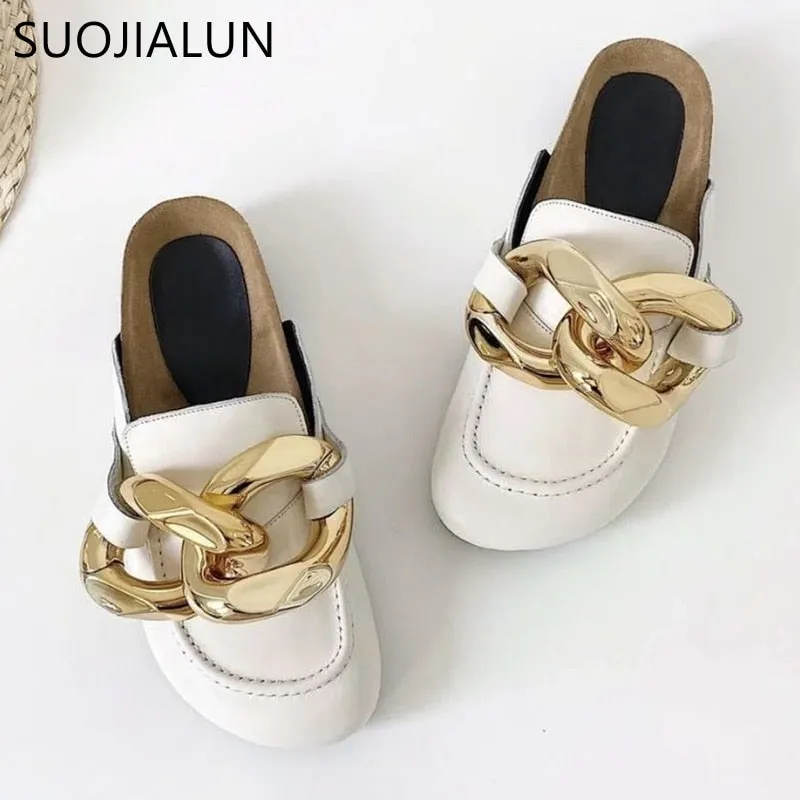 Chunky Gold Chain Flat Heel Round Toe Slip On Sandals