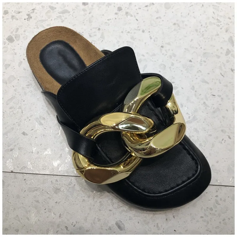 Chunky Gold Chain Flat Heel Round Toe Slip On Sandals