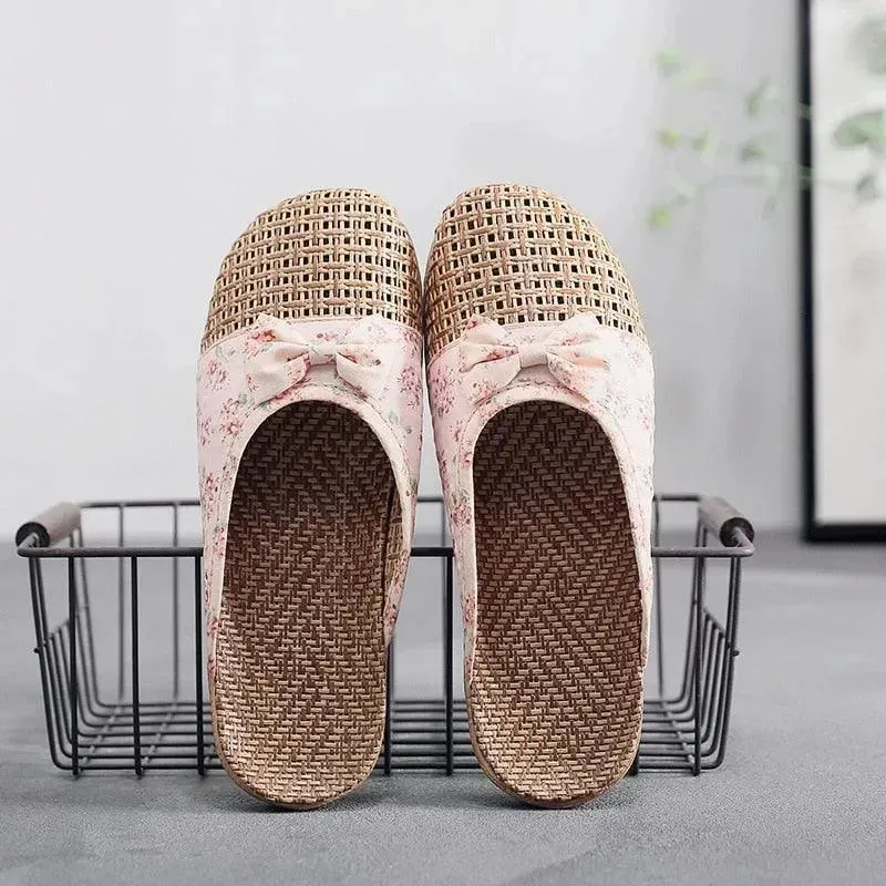 Floral Slip On Flax Slippers Sandals