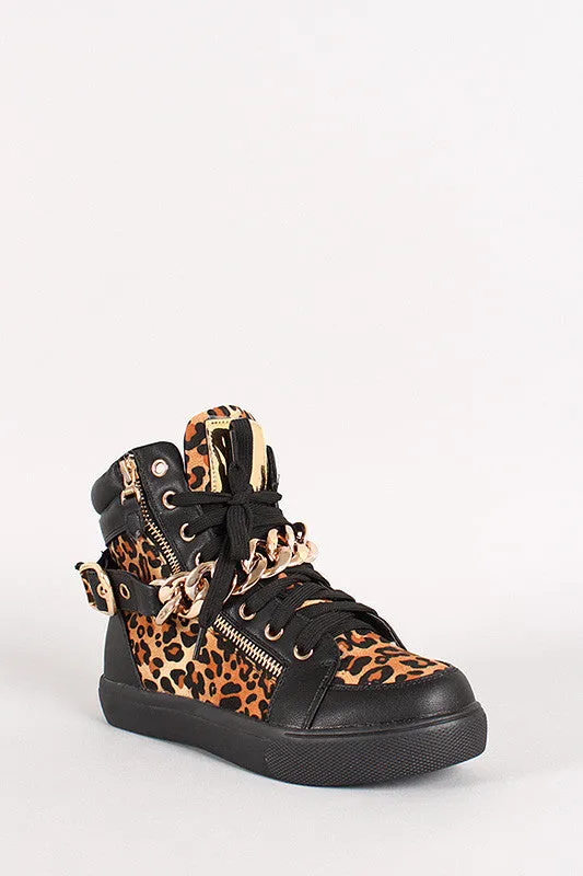 Leopard Chain Lace Up Round Toe Sneaker