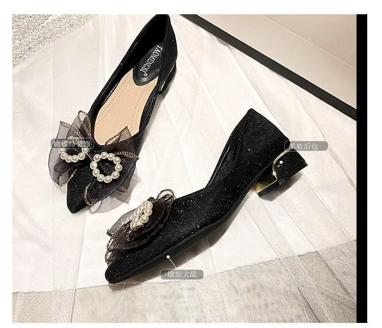 Low Heels Pearl Decorateion Shallow Mouth Shoes Casual Female Sneakers All-Match Round Toe Bow-Knot Large Size Women Flats Modis