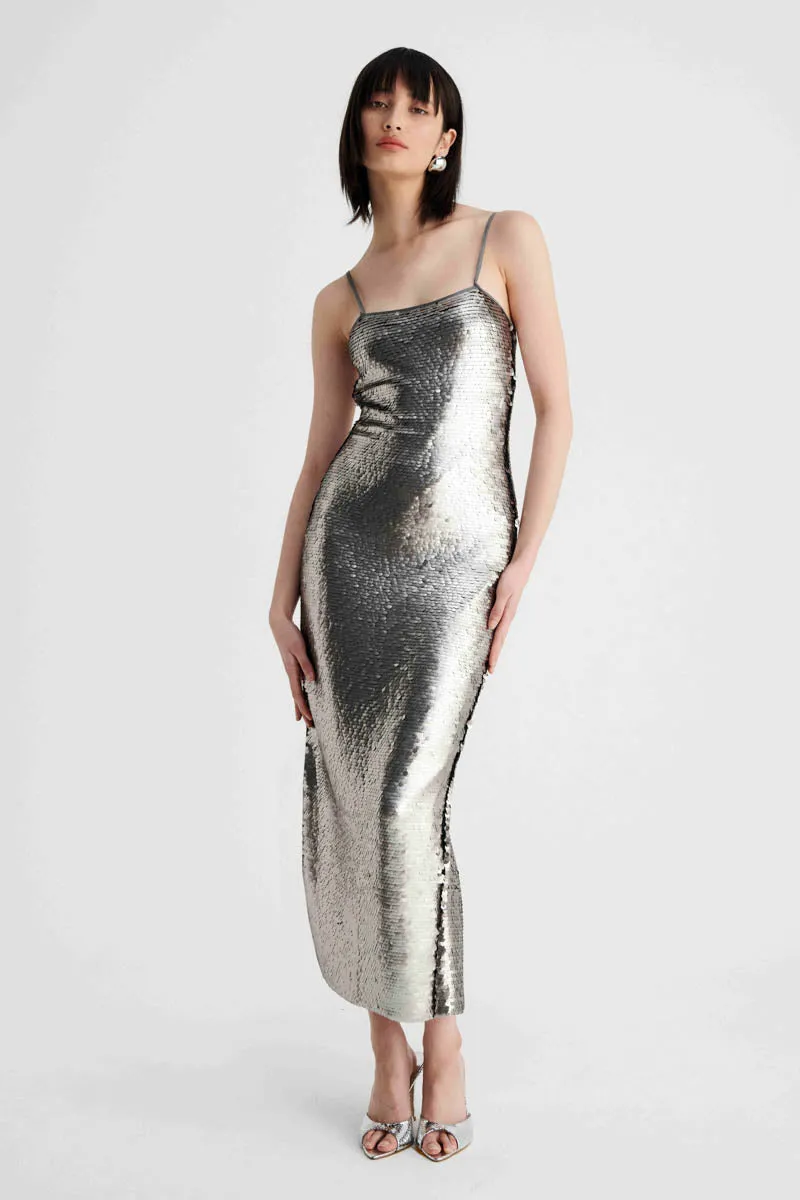 Luna Strappy Midi Column Dress - Silver