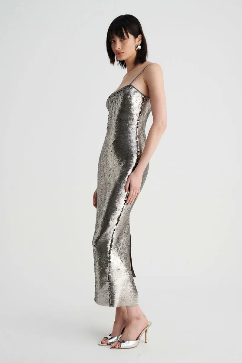 Luna Strappy Midi Column Dress - Silver