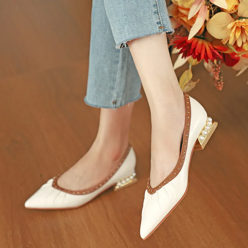 Nude Block Heels Closed Toe Pearl Shoes Women's Women's Fashion Shoes round Toe