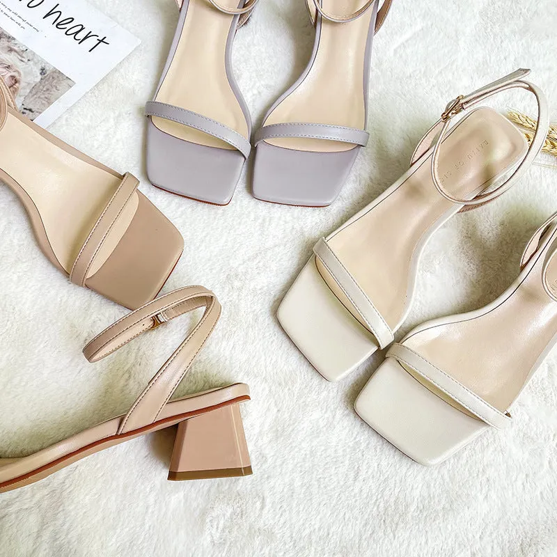 Nude Strappy Block Heels Chunky Heel Pumps