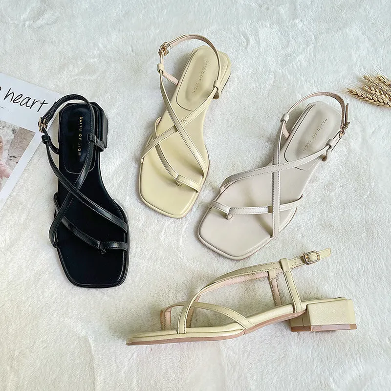 Nude Strappy Block Heels Summer Low Heel Sandals Women's Shoes