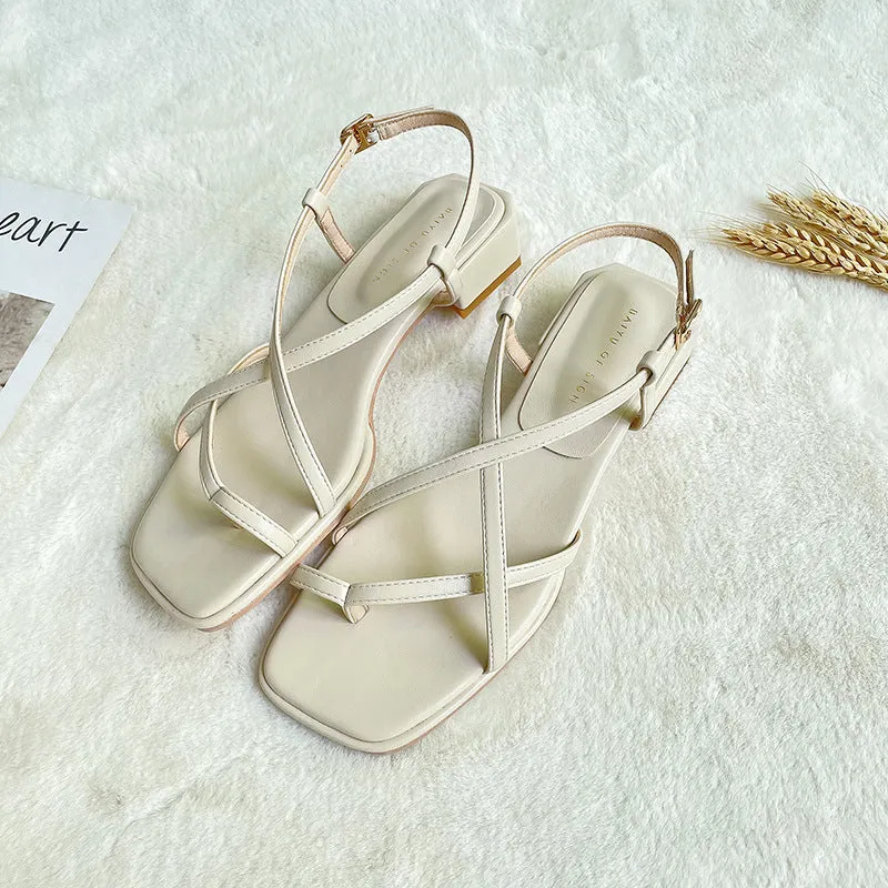 Nude Strappy Block Heels Summer Low Heel Sandals Women's Shoes