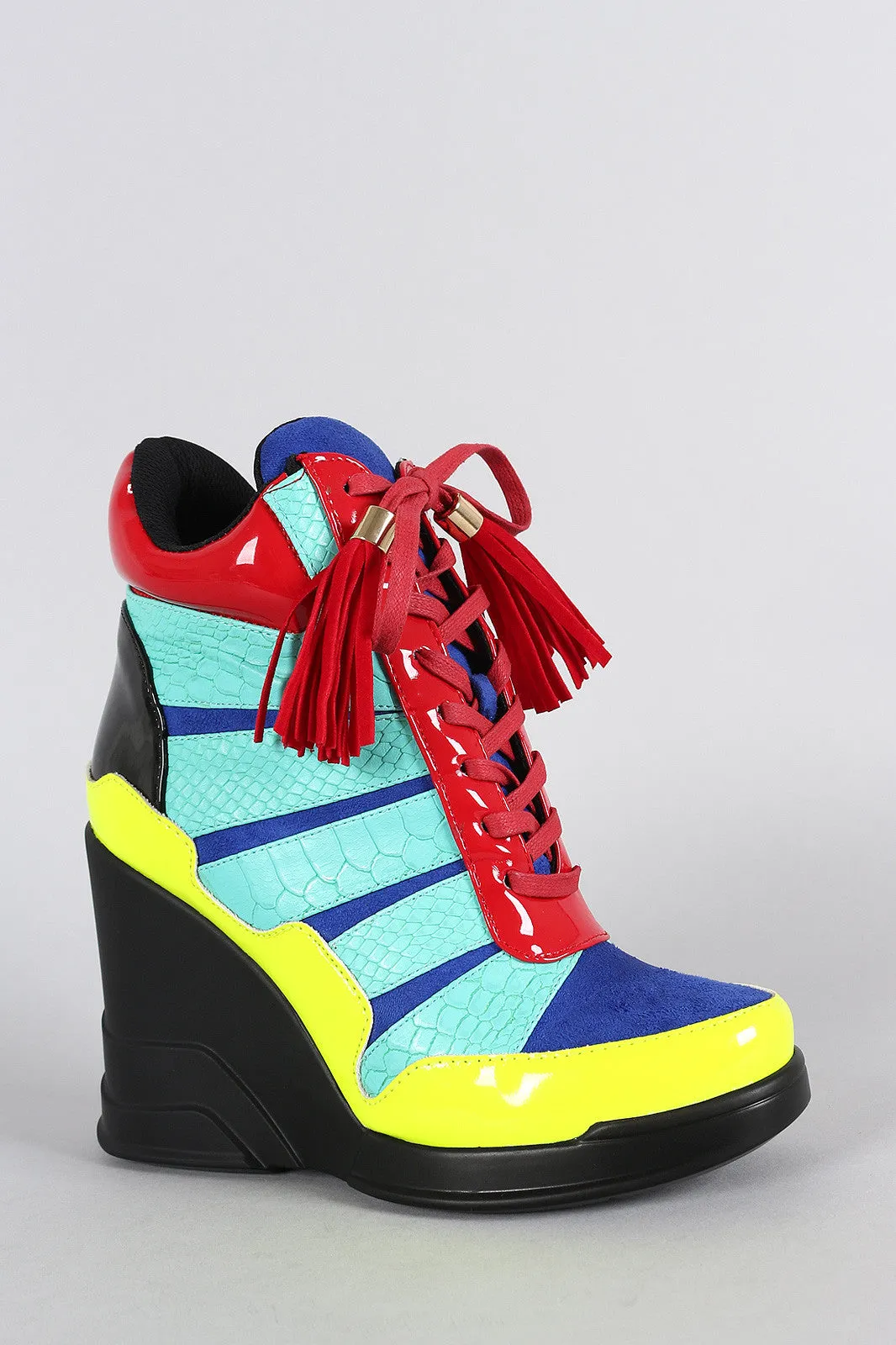 Privileged Colorblock Snake Tassel Lace Up High Top Wedge Sneaker