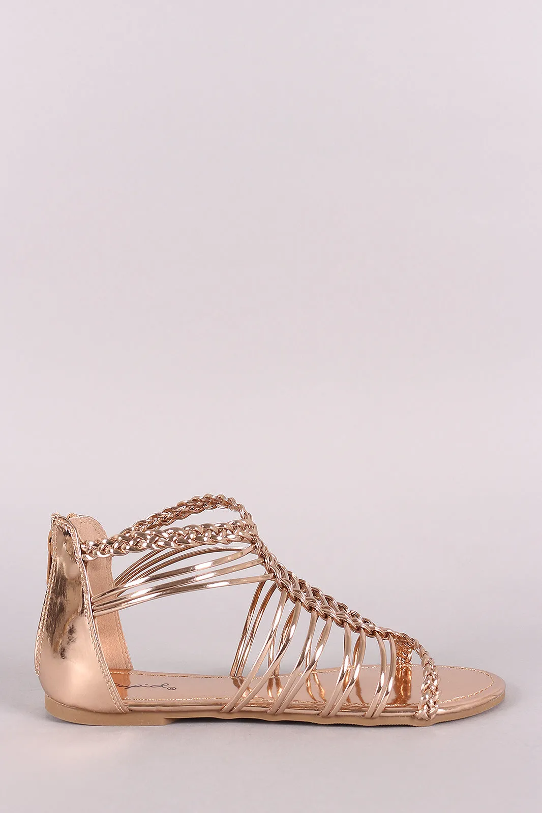 Qupid Metallic Braided Woven Gladiator Flat Sandal