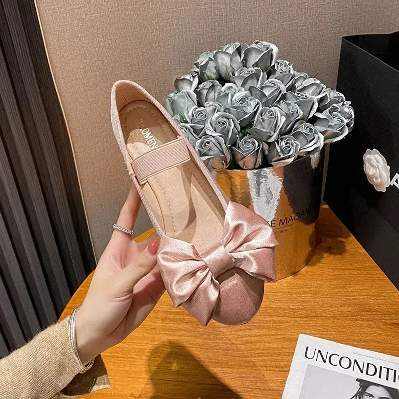 Round Toe Bow Elastic Strap Silk Ballet Flats