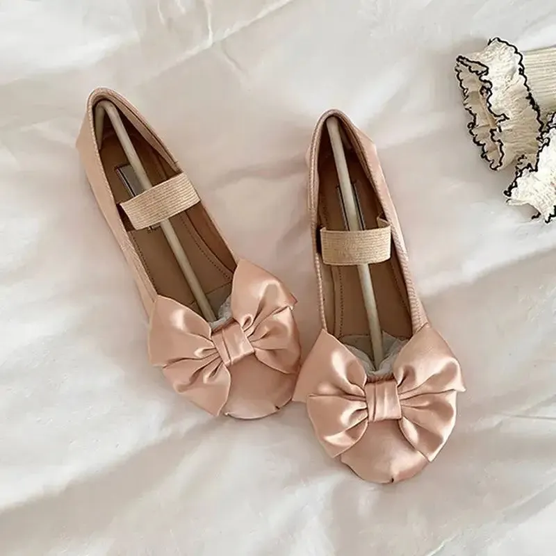 Round Toe Bow Elastic Strap Silk Ballet Flats