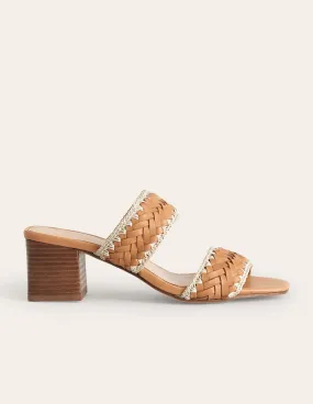 Woven Strap Heeled Sandals-Tan Woven Leather