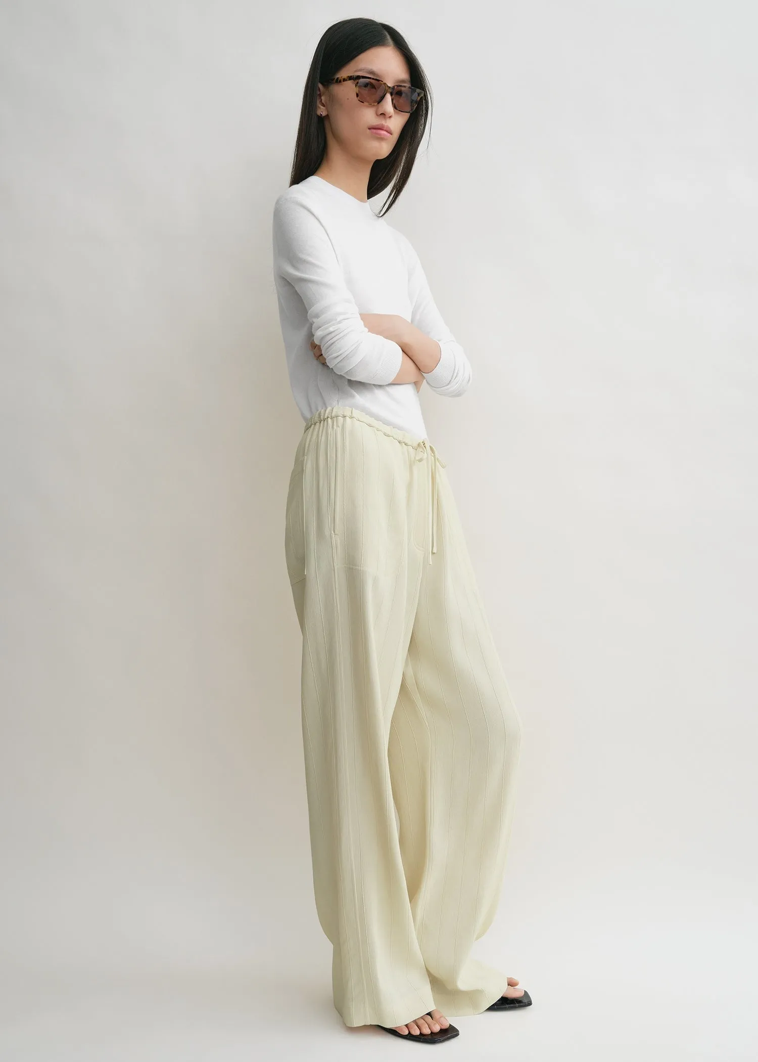 Woven stripe drawstring trousers ecru